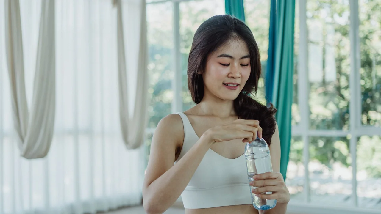 トレーニング後に水分をとる女性